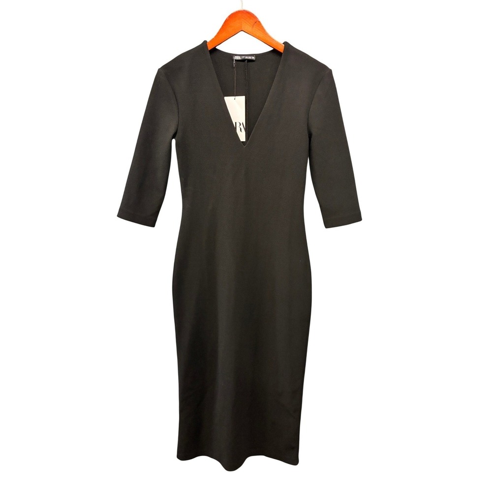 Zara Deep V-Neck Midi Dress Womens S Black Bodycon Sheath Cocktail Stretch NWT
